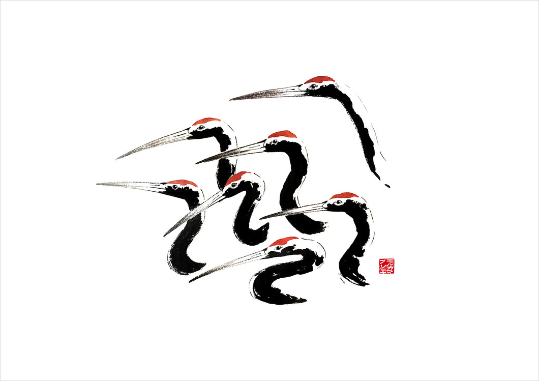 Sumie art print on Ise Washi paper | Grues | Ink Painting